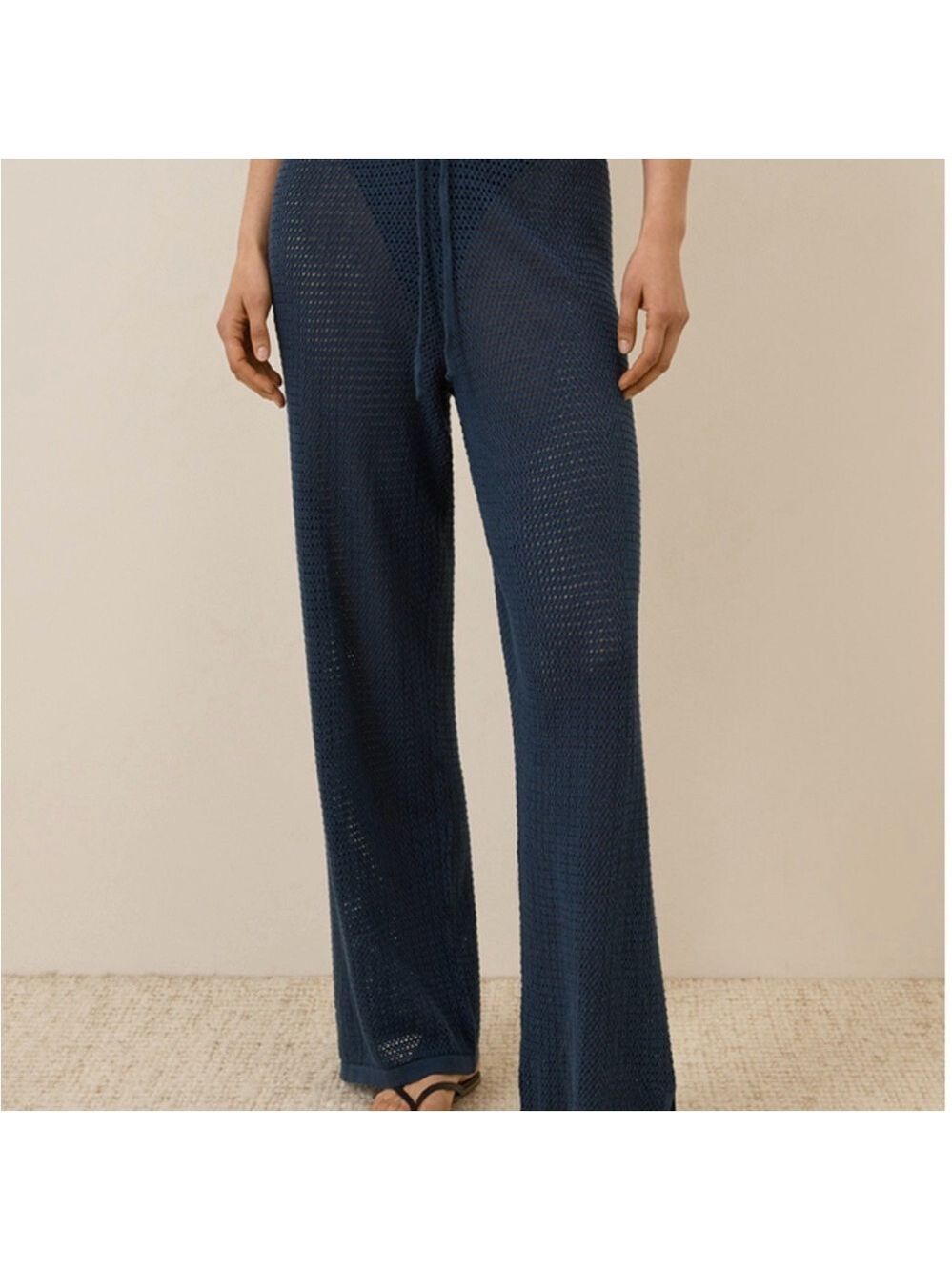 Women's French Navy Beachside Linen Crochet Pant L - Picture 1 of 2